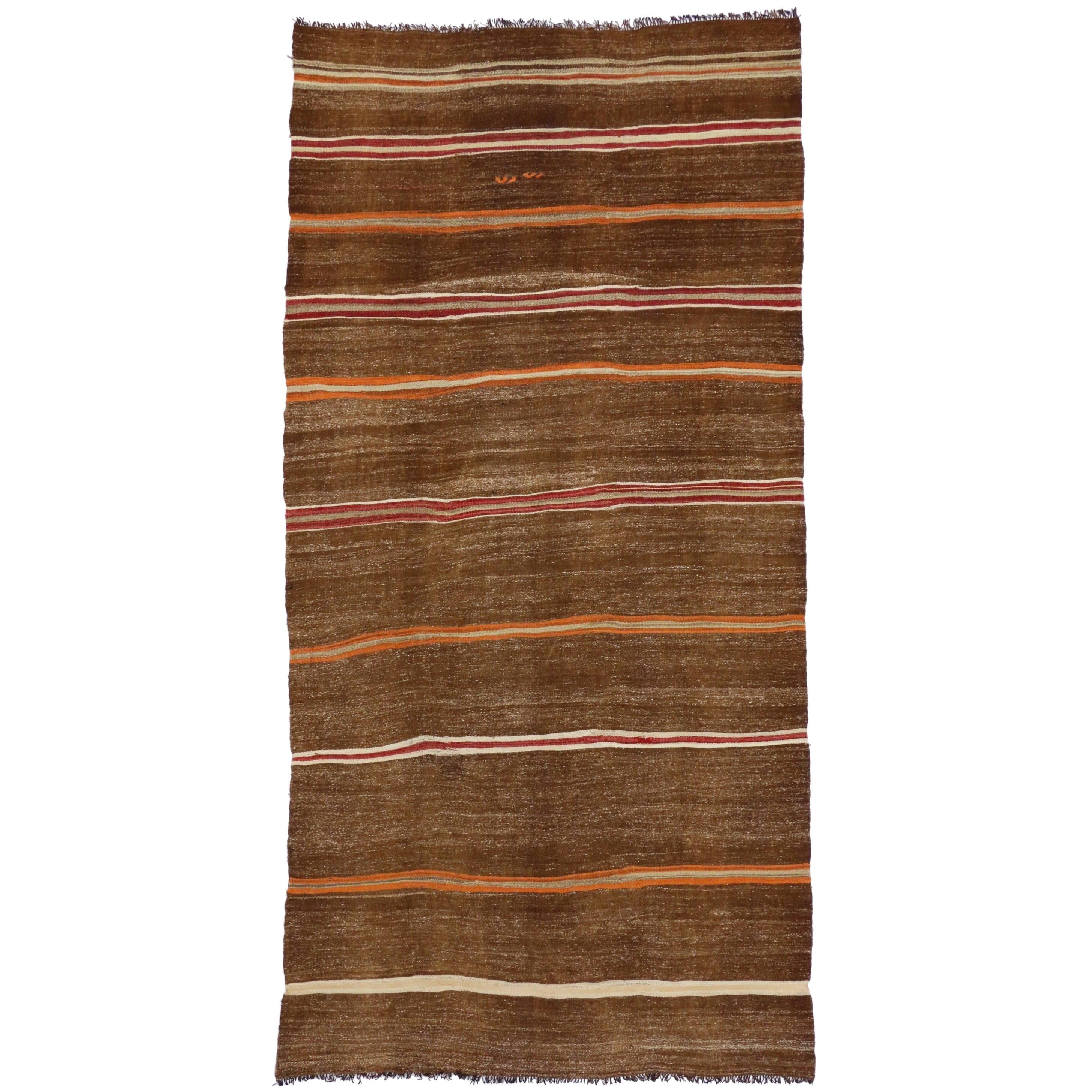Vintage Turkish Striped Kilim Rug with Tribal Style, Flat-Weave Rug