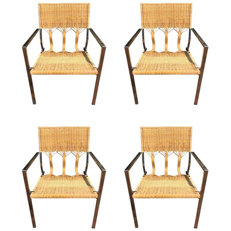 Four Adrien Gardere Woven Bamboo and Rattan Chairs For Sale
