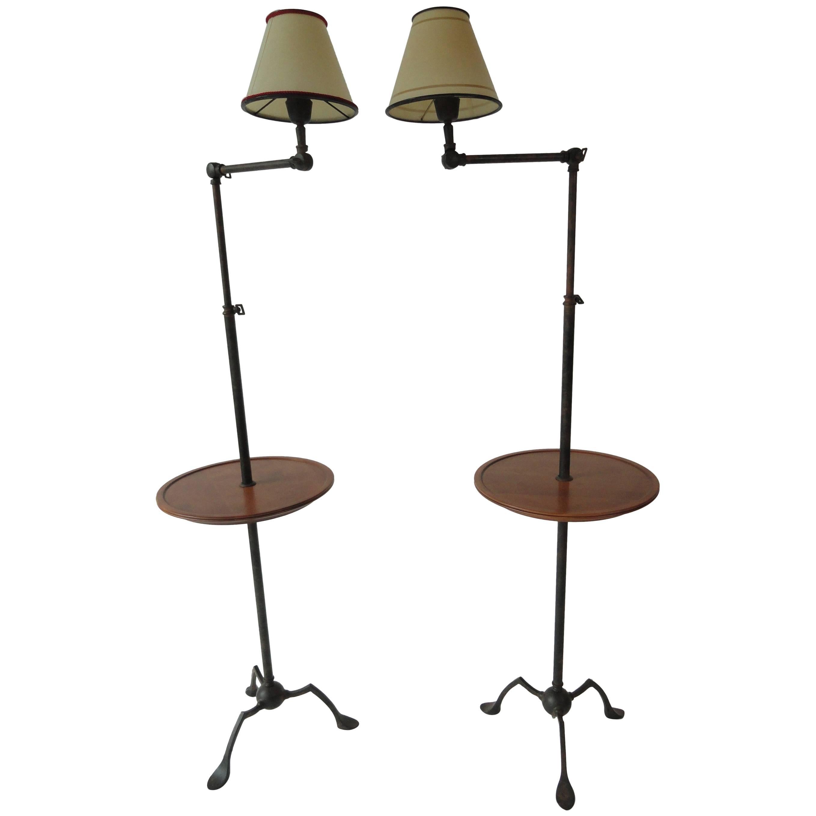 Pair of Metal Pole Lamps with Round Wood Trays For Sale