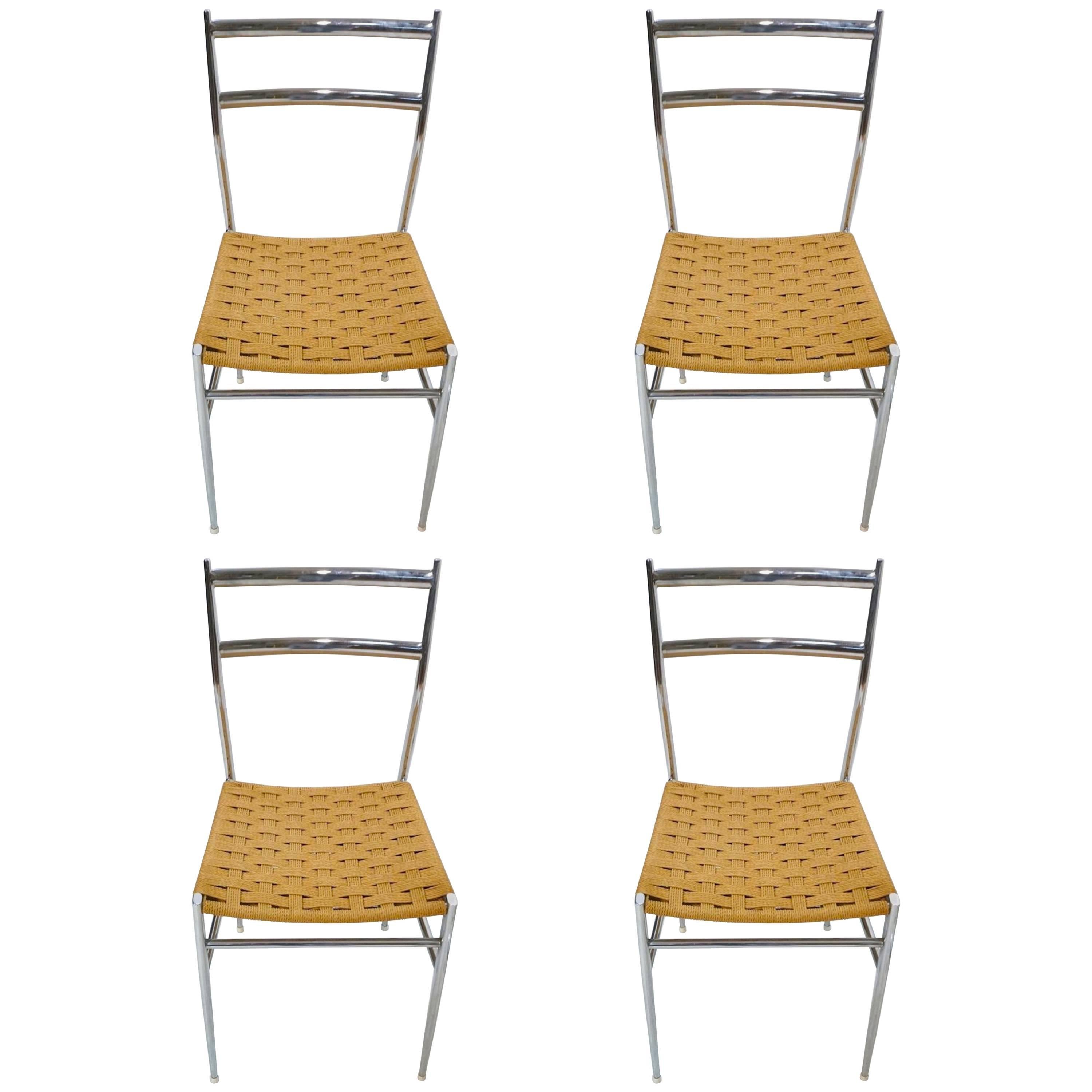 Four Gio Ponti Style Chrome and Grass Seat Chairs For Sale