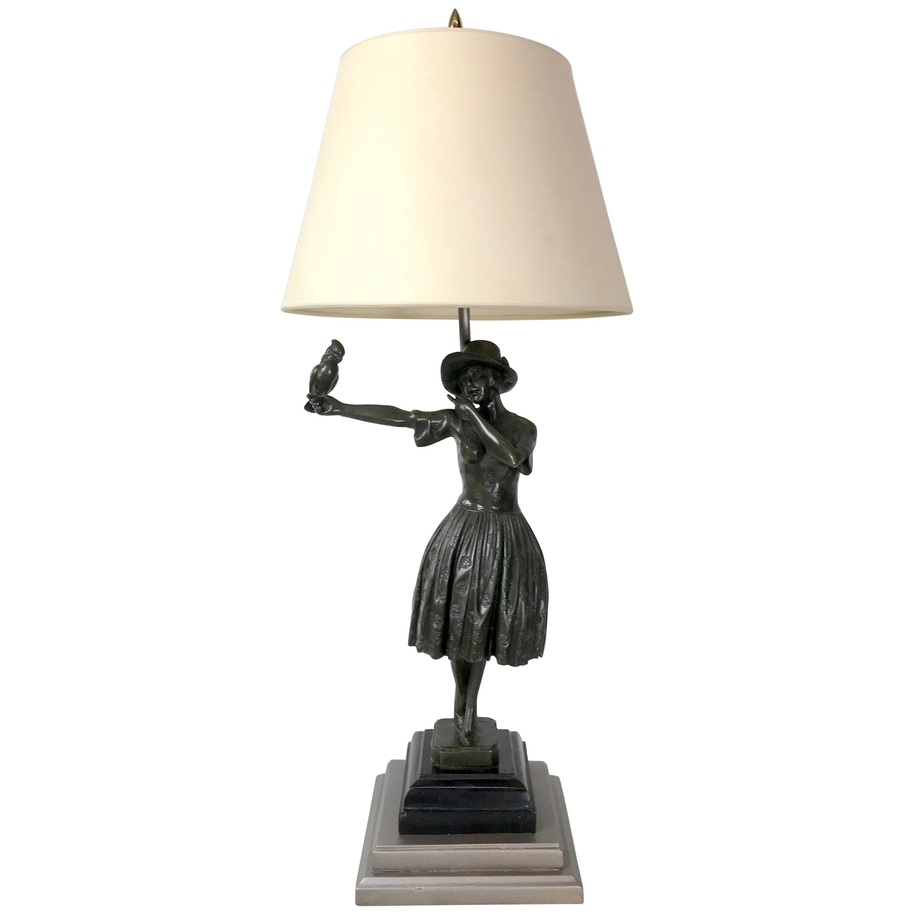 Art Deco Bronze Sculpture Lady with Parrot, Now as a Lamp For Sale