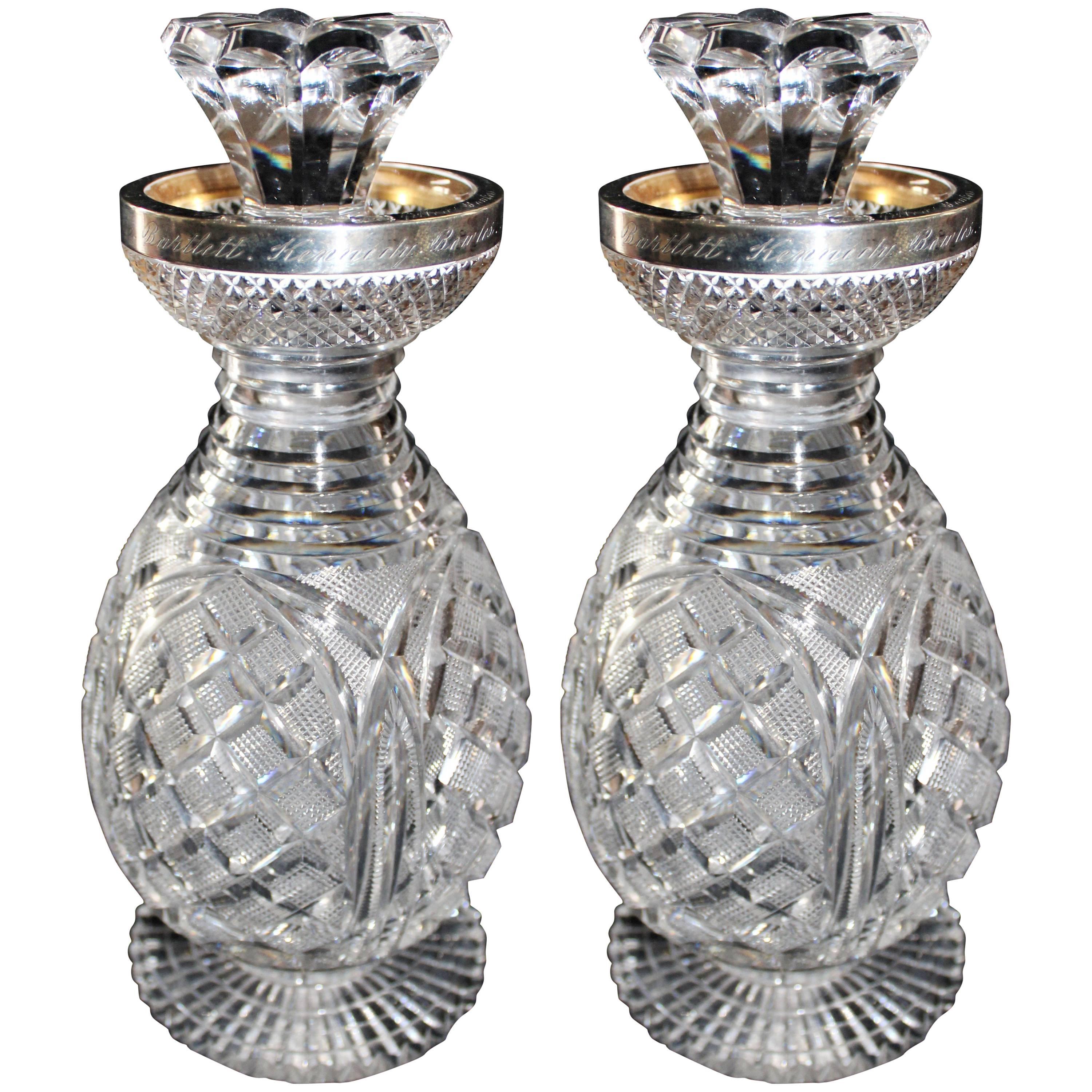 Pair of Cut Crystal and Sterling Silver Decanters, 1900, Birmingham England