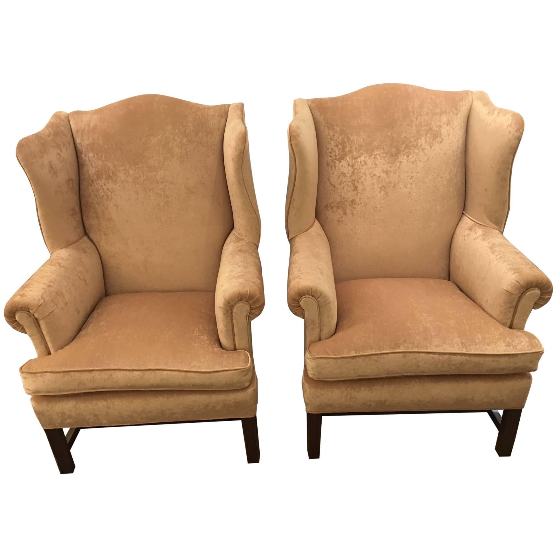 Pair of Hancock and Moore Blush Velvet Wing Chairs