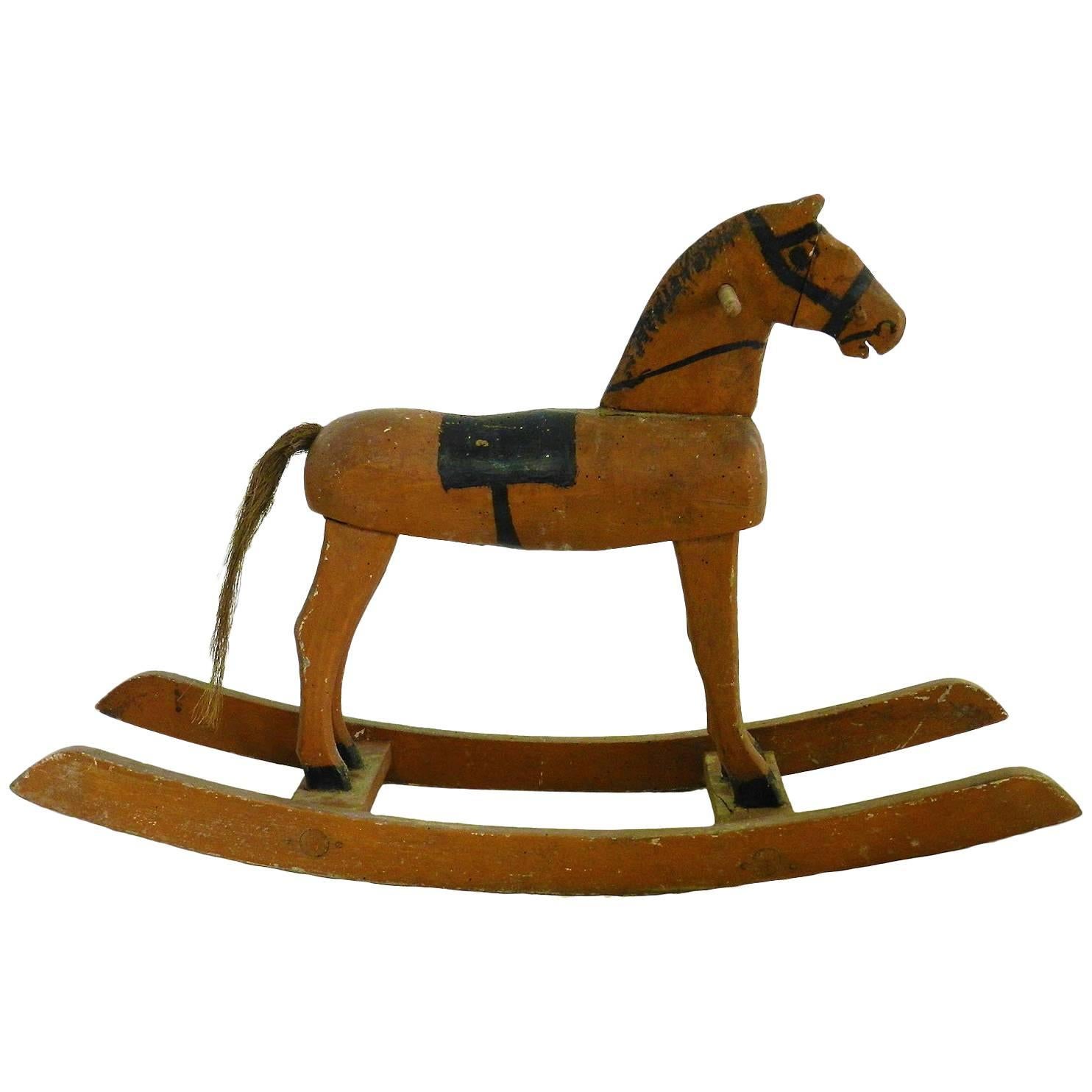 Folk Art Rocking Horse French Primitive Naive Hand-Painted Toy, circa 1900 For Sale