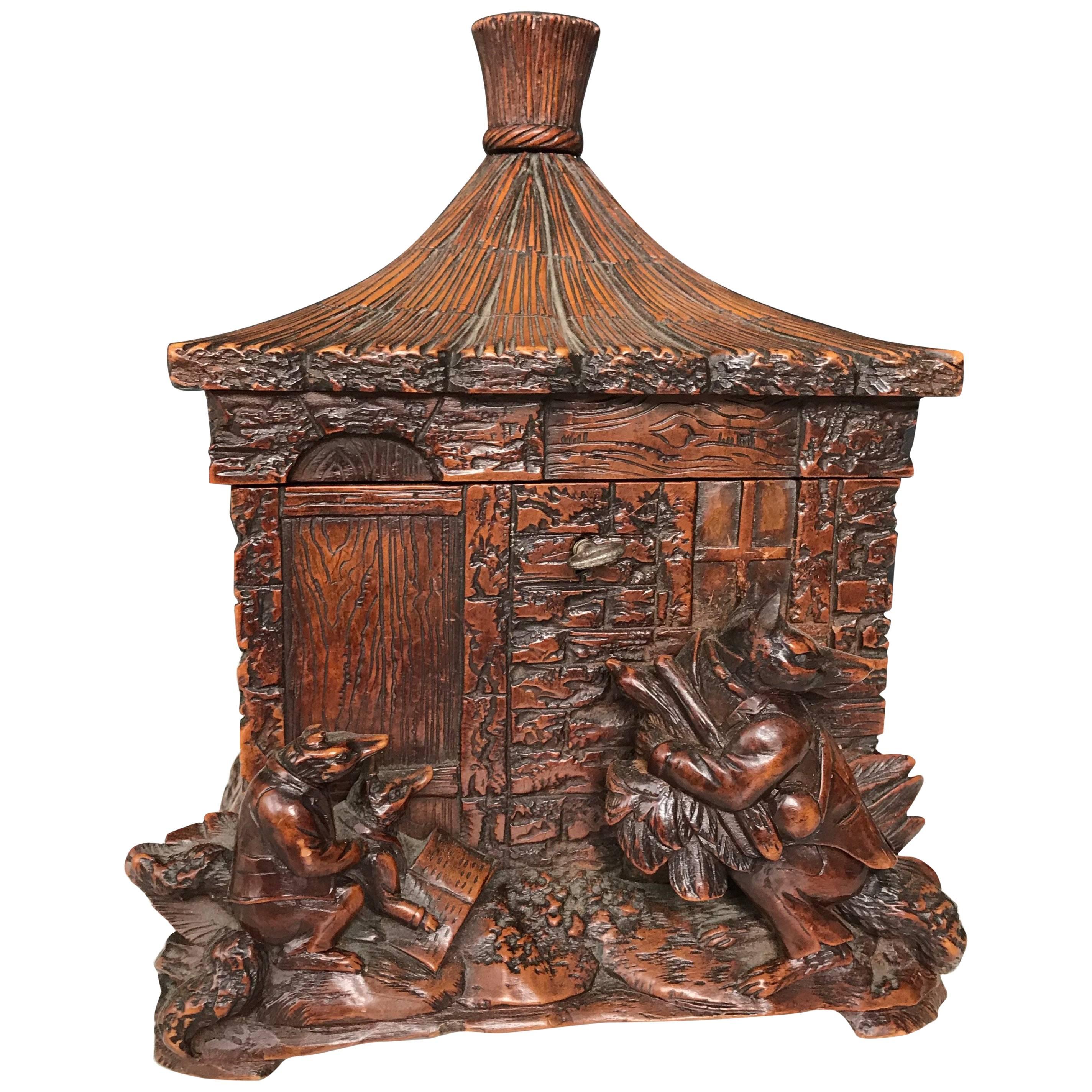 Stunning & Antique Black Forest Box, Carved Cottage w. Figural Fox Family Group