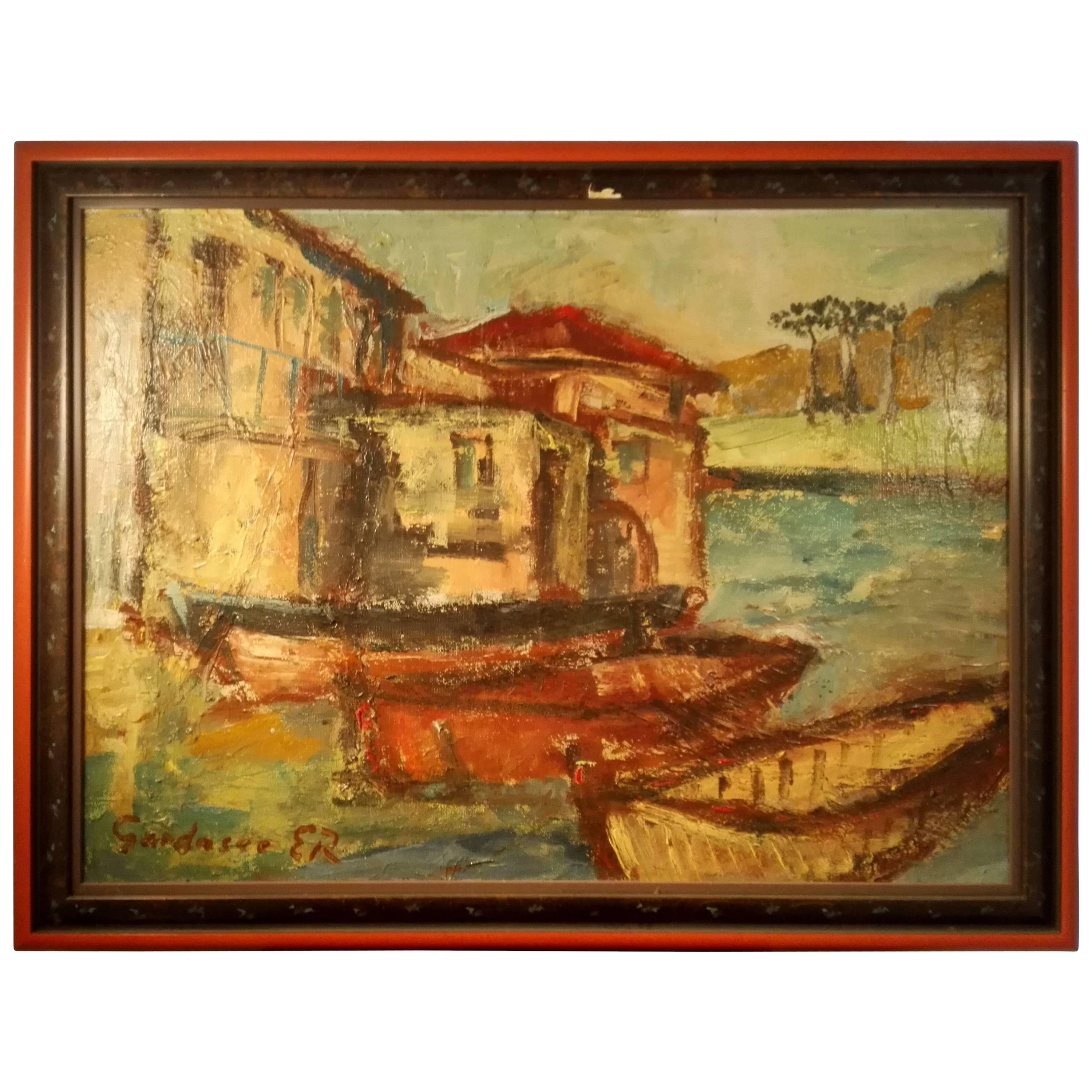 20th Century Art Deco Style Oil on Board Painting Titled Gardasee Monogram ER For Sale