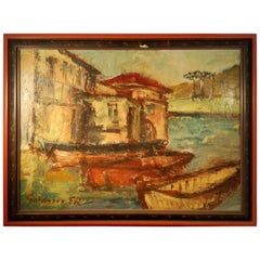20th Century Art Deco Style Oil on Board Painting Titled Gardasee Monogram ER