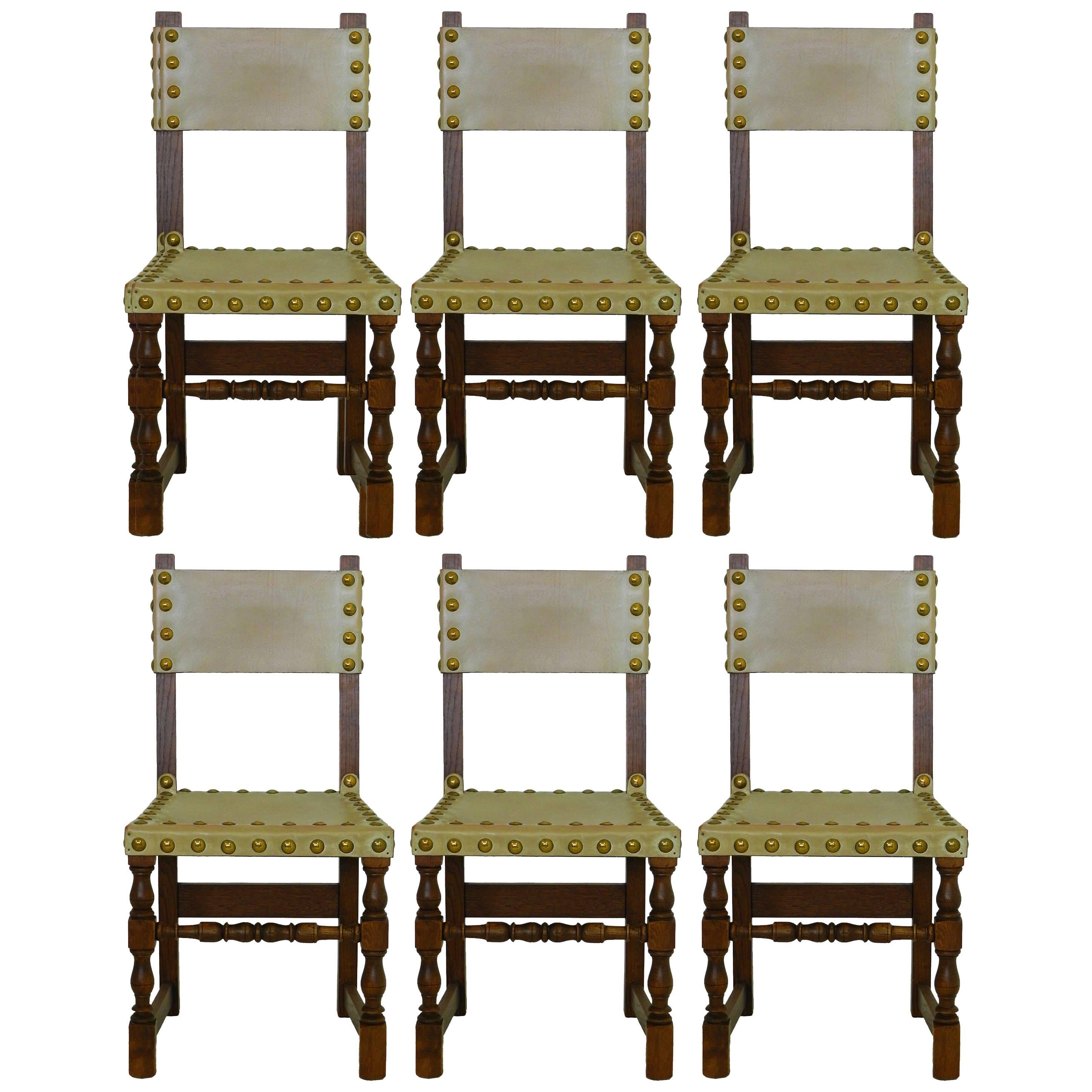 Six Dining Chairs Vintage 20th Century Spanish Leather Brass Studs Oak For Sale