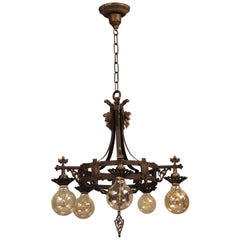 1920s Spanish Revival Downlight Chandelier with Shields