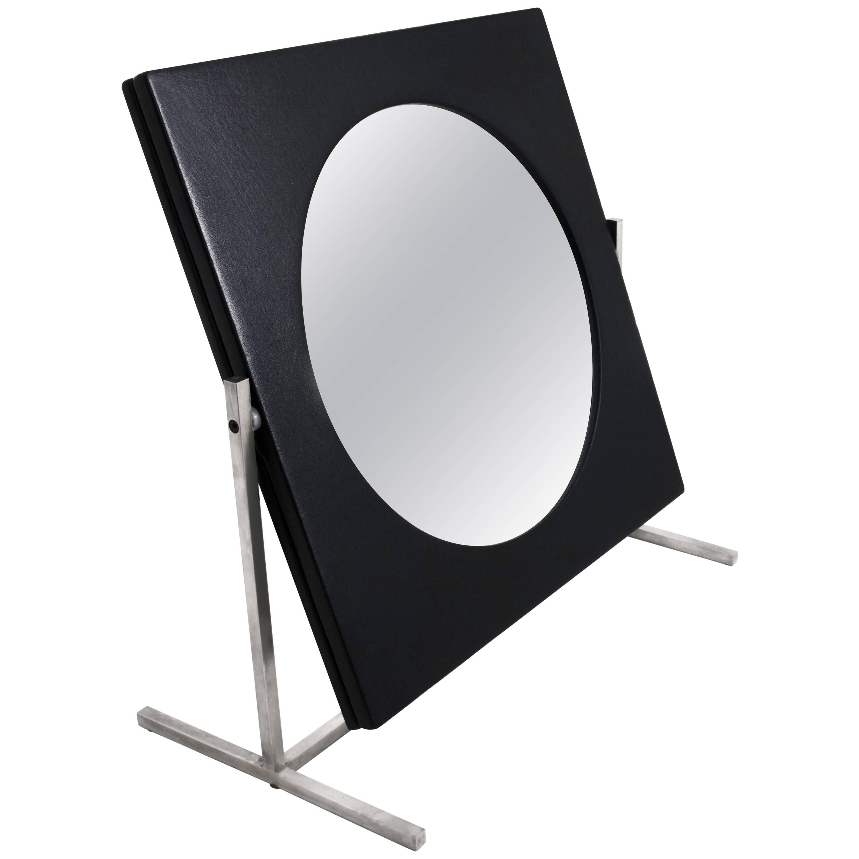 Modernist Steel and Leather Table or Vanity Mirror, France 1960's