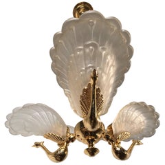 Vintage Rare Midcentury Chandelier / Pendant with Golden Bronze Glass Peacock Sculptures