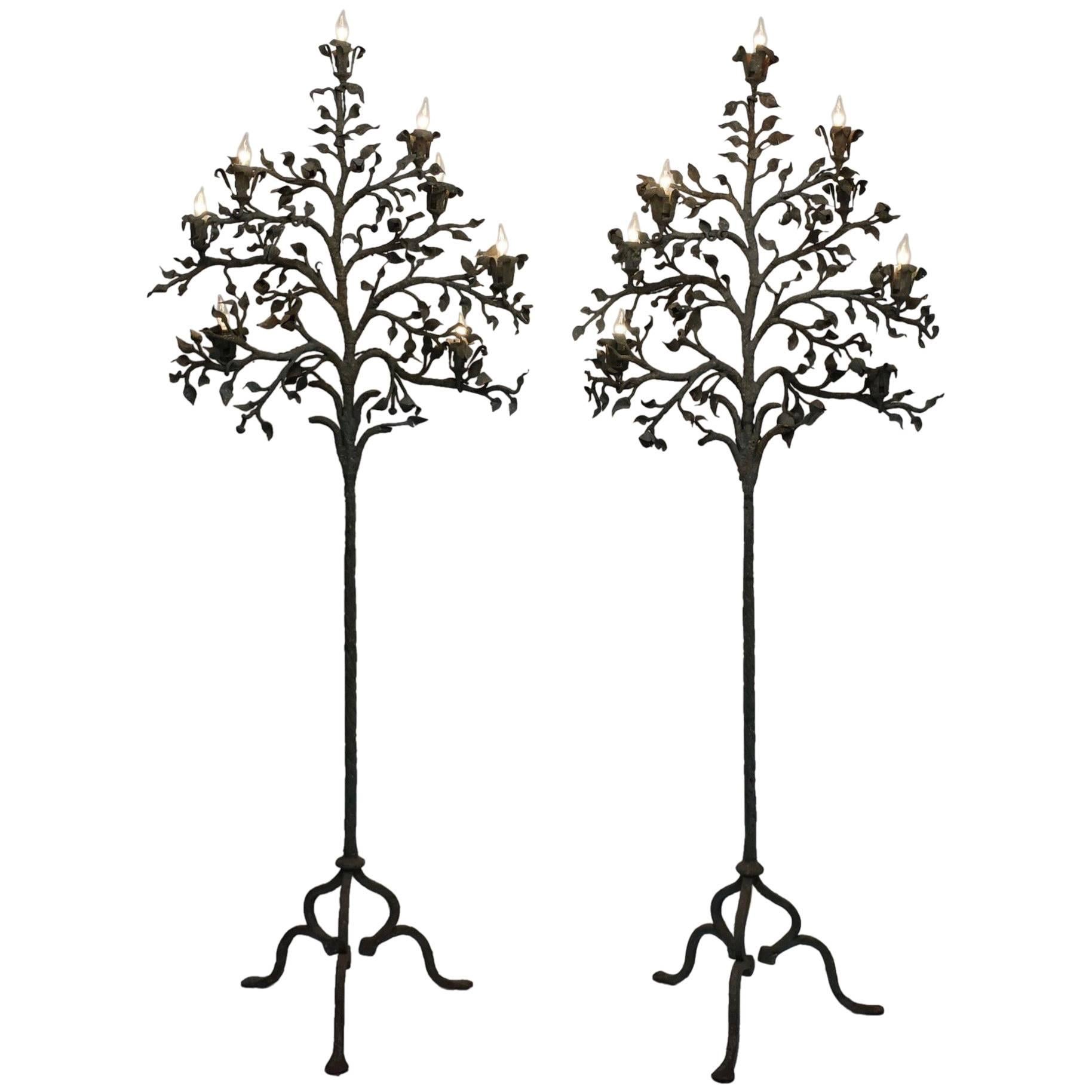 Pair of Wrought Iron Tree Form Torchiere Floor Lamps, Italy, 19th Century