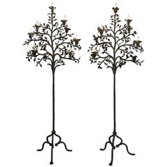 Pair of Wrought Iron Tree Form Torchiere Floor Lamps, Italy, 19th Century