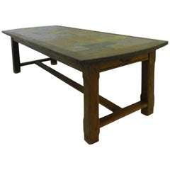 Retro French Farm Table Inset Stone Tiles Late 20th Century Shaker Style FREE SHIPPING