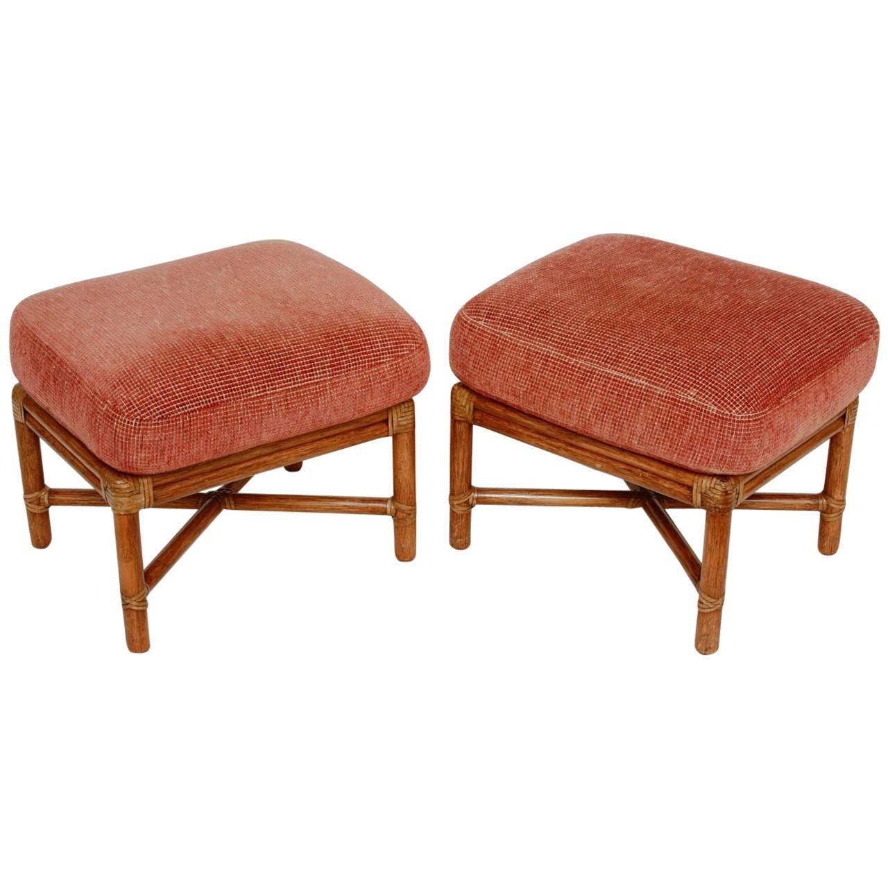 Pair of McGuire Bamboo Rattan Upholstered Ottomans
