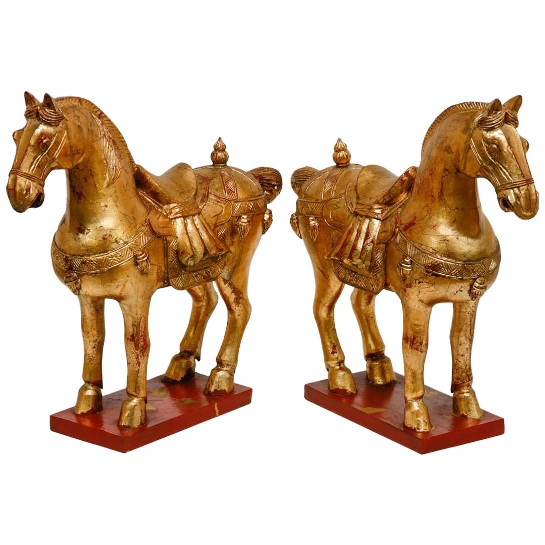 Pair of Chinese Tang Dynasty Style Gilt Horse Sculptures