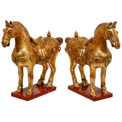 Pair of Chinese Tang Dynasty Style Gilt Horse Sculptures