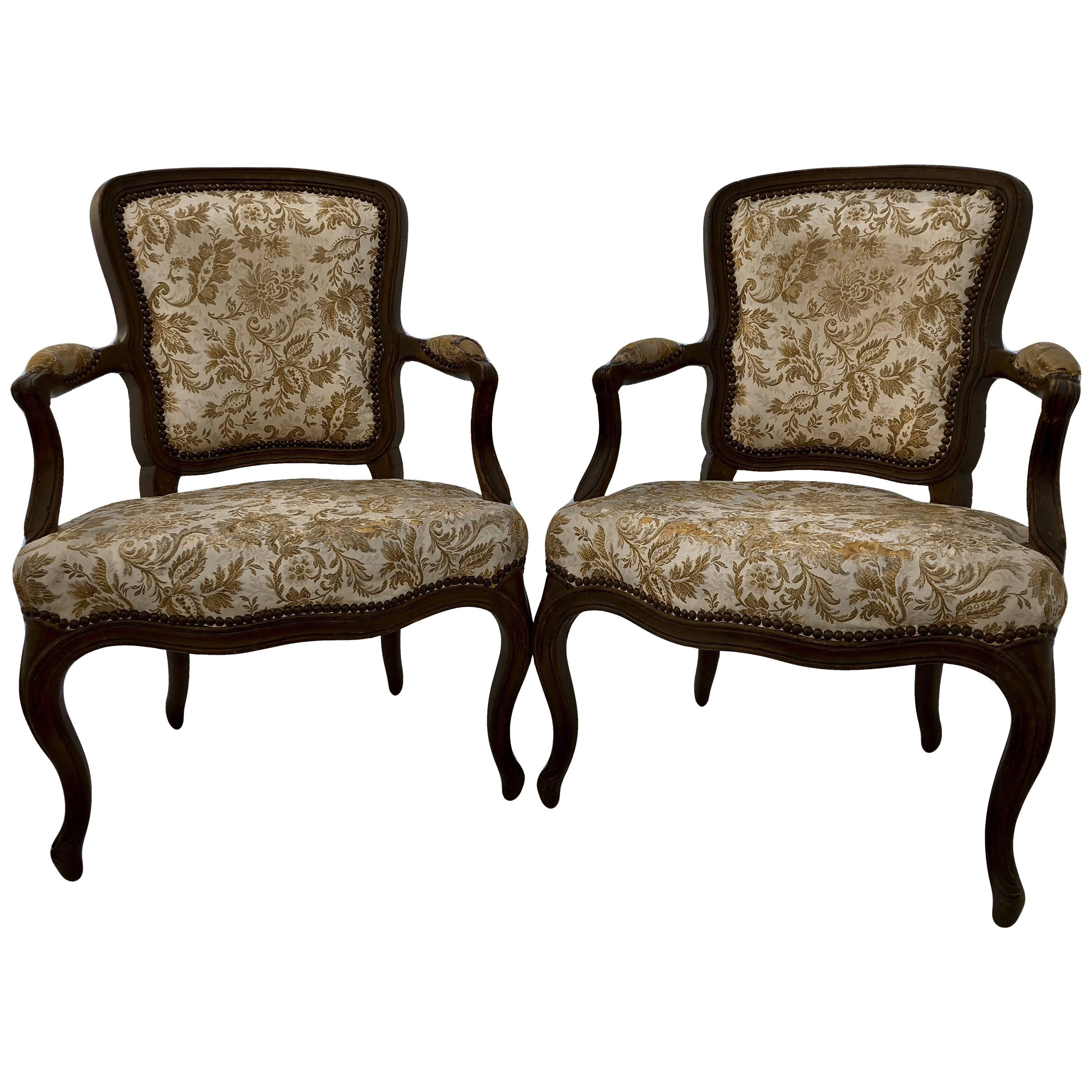 Pair of French Wood, with Upholstery, Regency Style Armchairs, 1800s For Sale