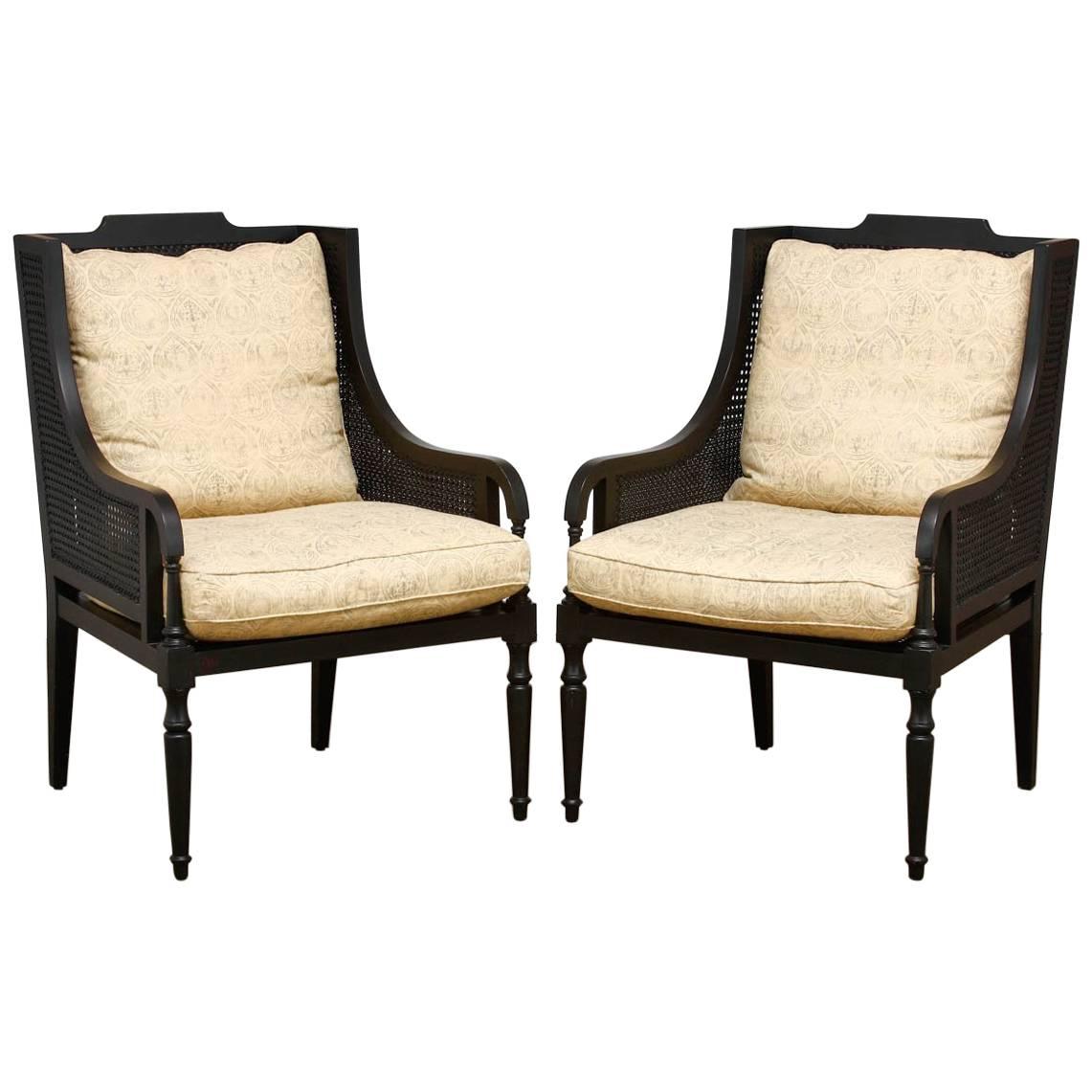 Pair of Contemporary Black Lacquer Caned Wing Chairs