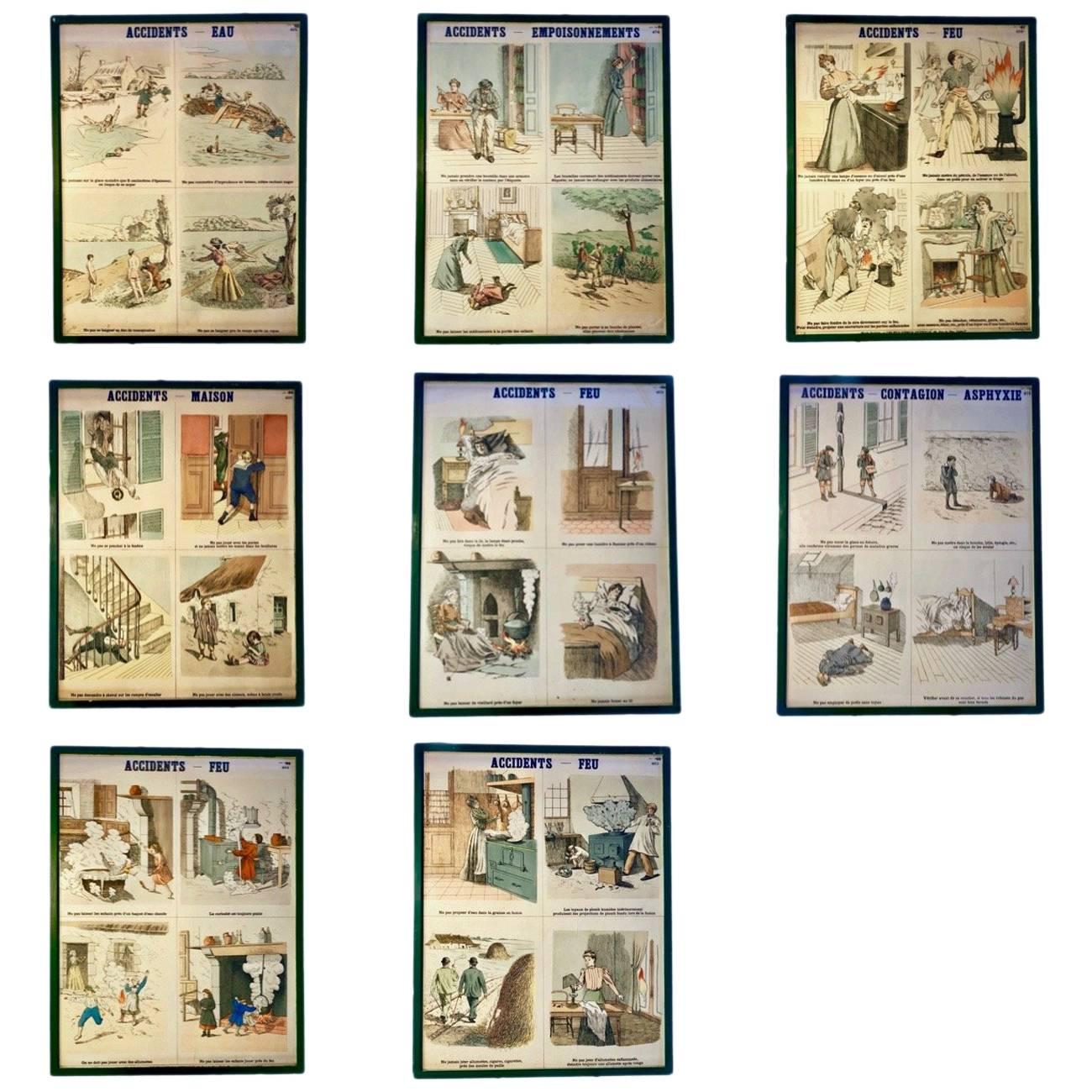 Eight Framed French Lithographs Set for Schools to Teach Accident Prevention For Sale