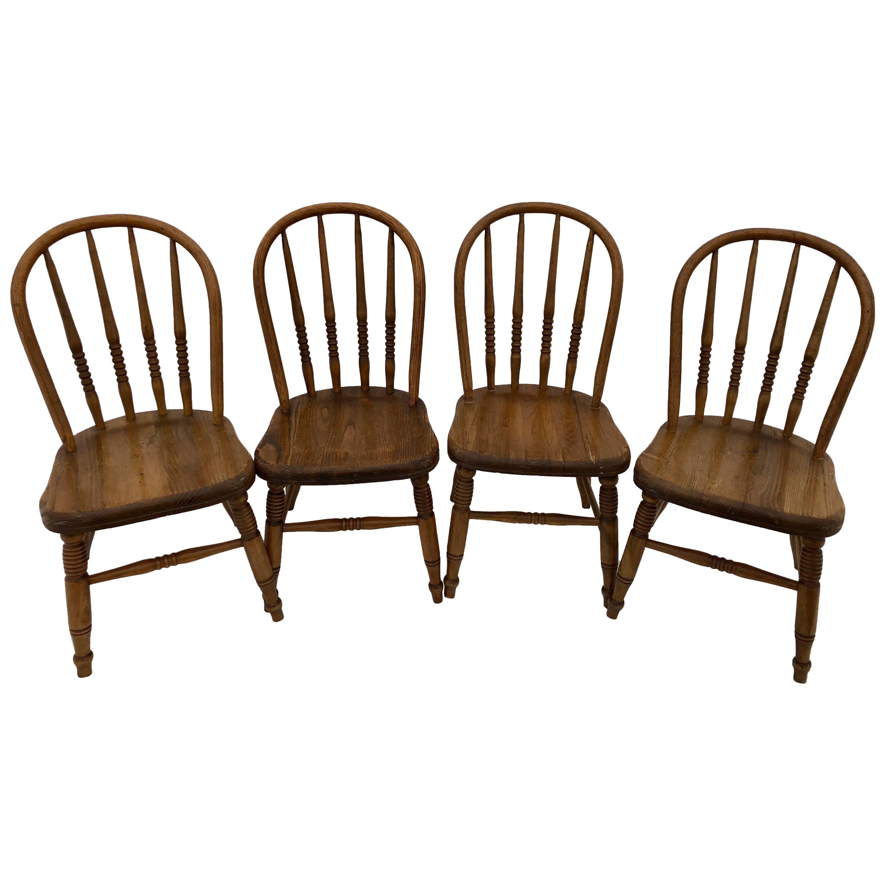 Set of Four Wooden Children's Chairs with Spindle and Rounded Backs, 1900s For Sale