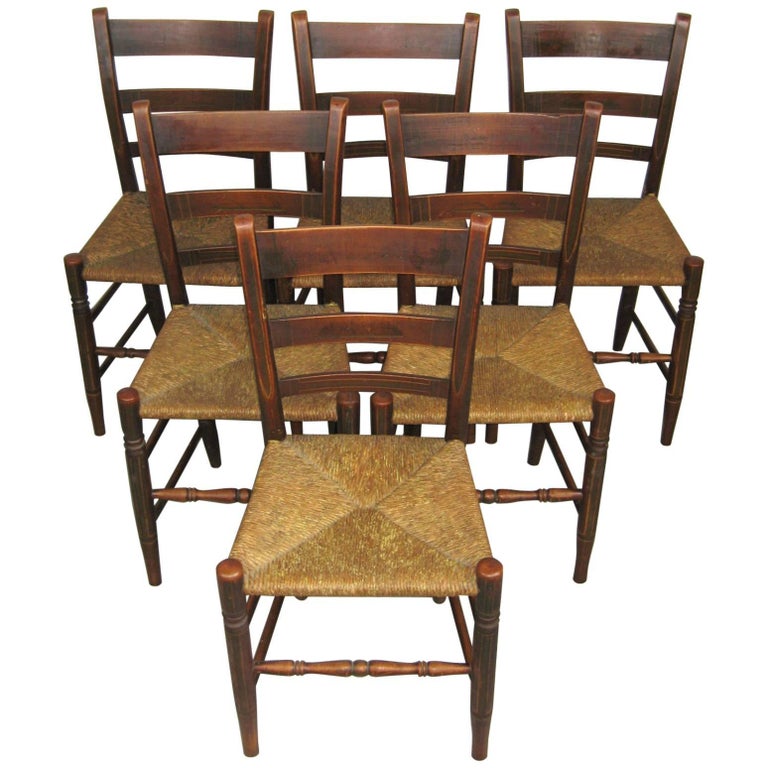 Antique 1820s Set Of Six Ladder Back Rush Seat Paint Decorated Antique 1820s Set of Six Ladder Back Rush Seat Paint Decorated Chairs For Sale - Antique 1820s Set Of Six Ladder Back Rush Seat Paint Decorated
