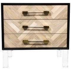 Modern Bleached Walnut Herringbone Side Table, Lucite Legs and Pulls, Black Case