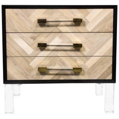 Modern Bleached Walnut Herringbone Side Table, Lucite Legs and Pulls, Black Case