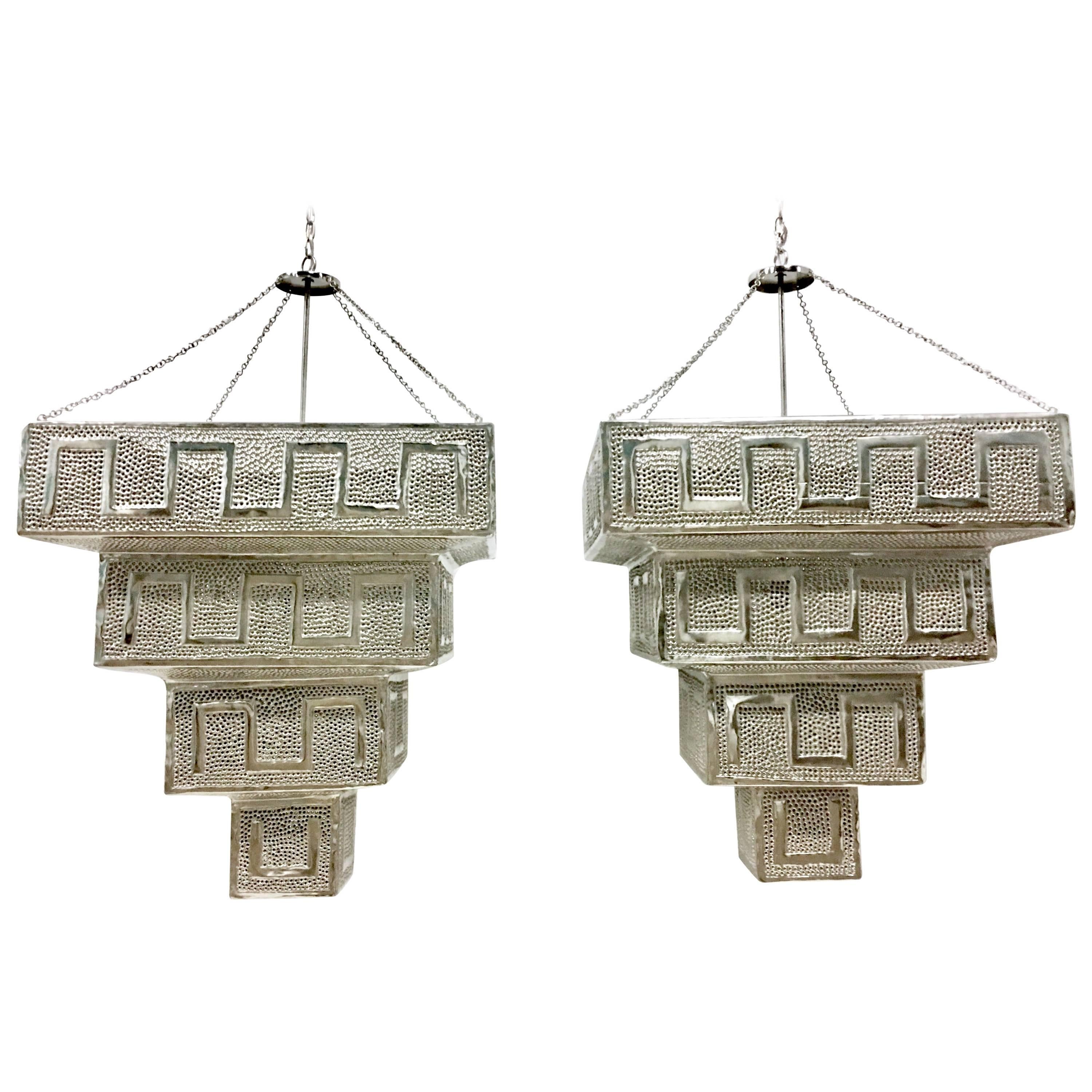 Pair Of Contemporary Monumental Silver Steel Moroccan Style Chandeliers For Sale