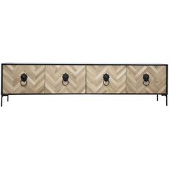 Modern Credenza Hand-Cut Walnut Chevron Detail & Lion Head Hardware, Black Case