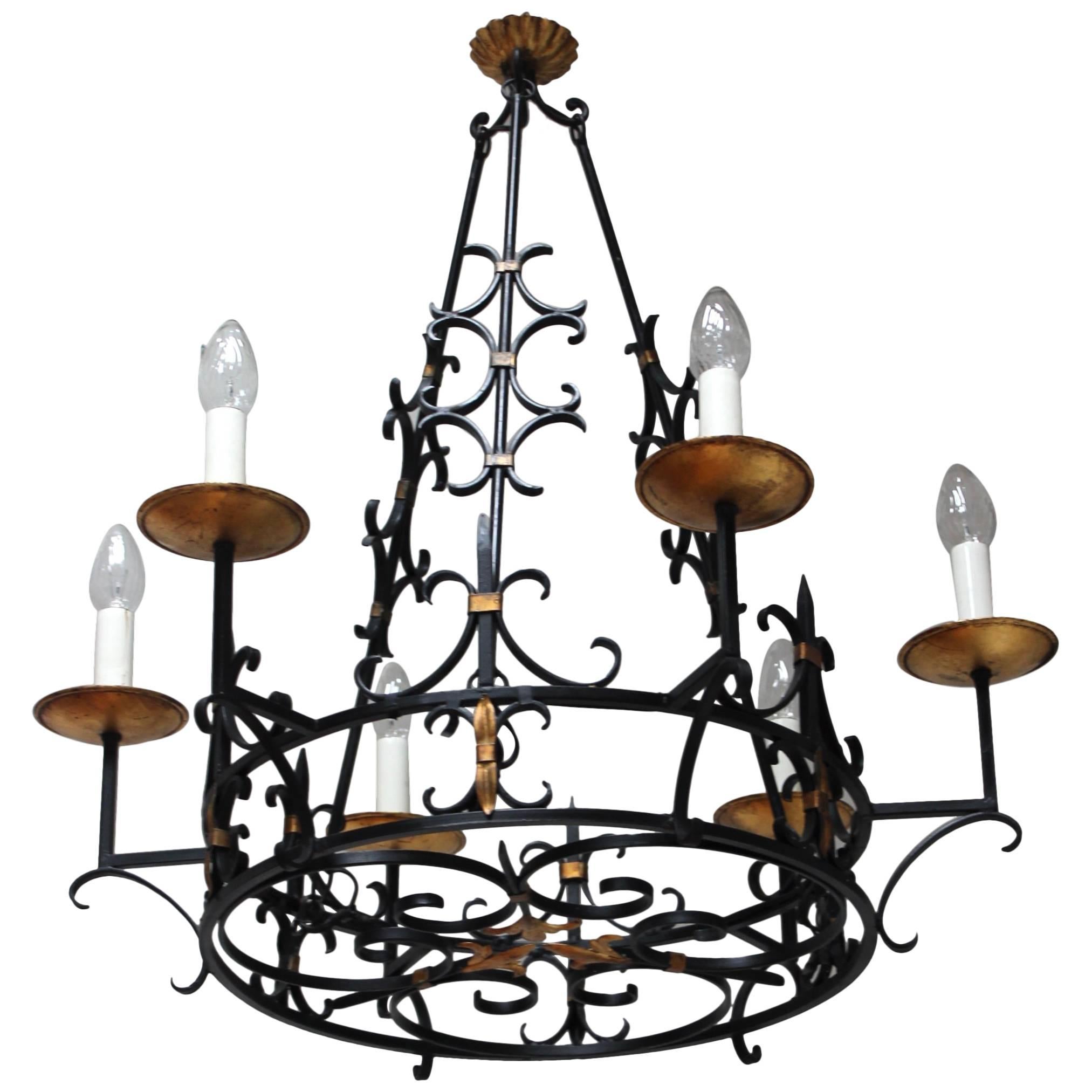 1950s French Iron and Gilt Large Chandelier