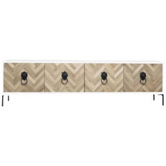 Modern Credenza Hand-Cut Walnut Chevron Detail & Lion Head Hardware, White Case