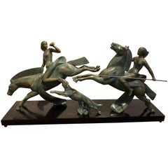 French Art Deco Amazonian Diana Horsewomen with Borzoi Dog Large Bronze