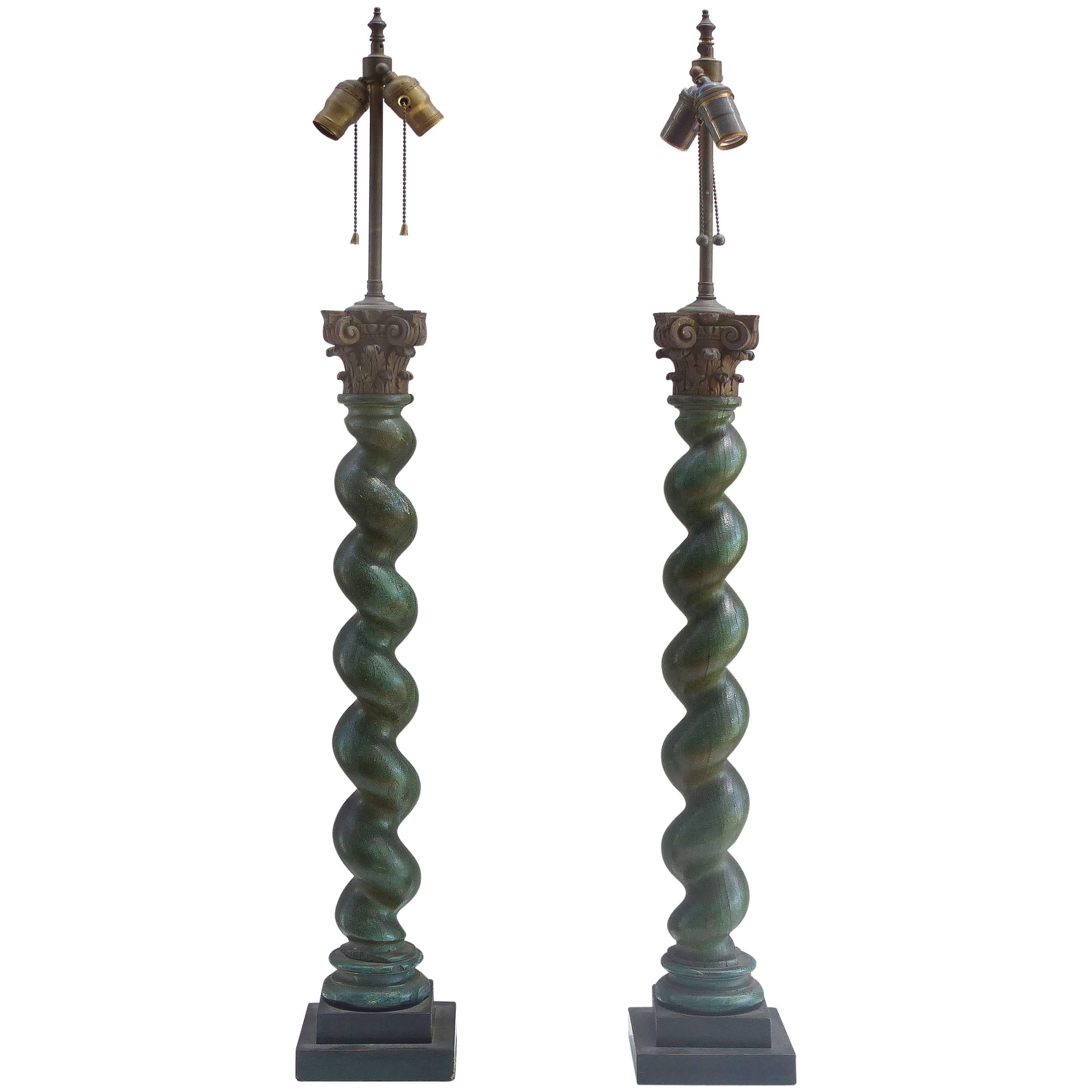 Neoclassical Revival carved barley twist Corinthian column table lamps, pair

Offered for sale is a pair of tall carved neoclassical Revival barley twist Corinthian column table lamps. These early lamps are a true matched pair having been carved