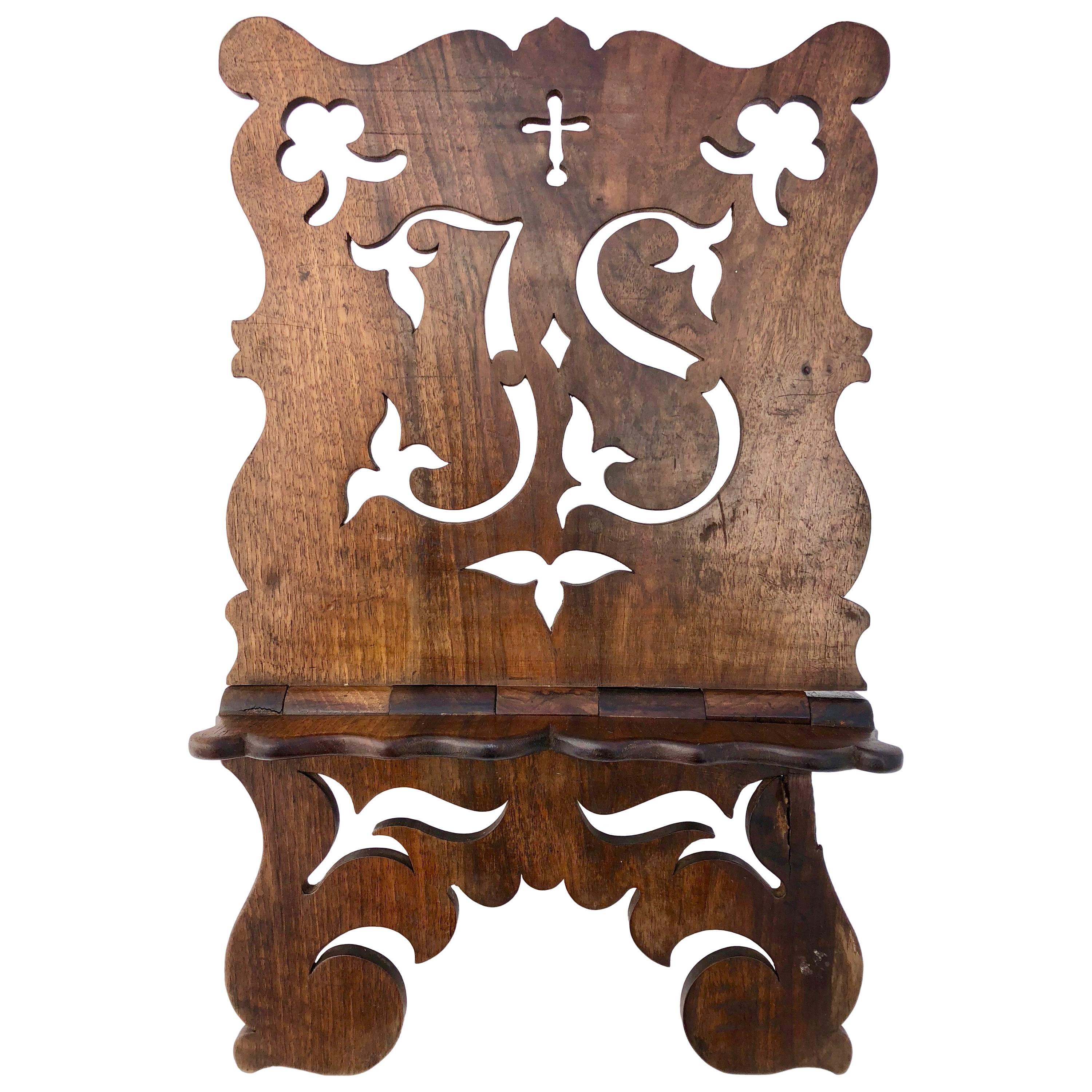 French Foldable Hand-Carved Wood Easel with Cross and Initials ‘JS’, Early 1900s