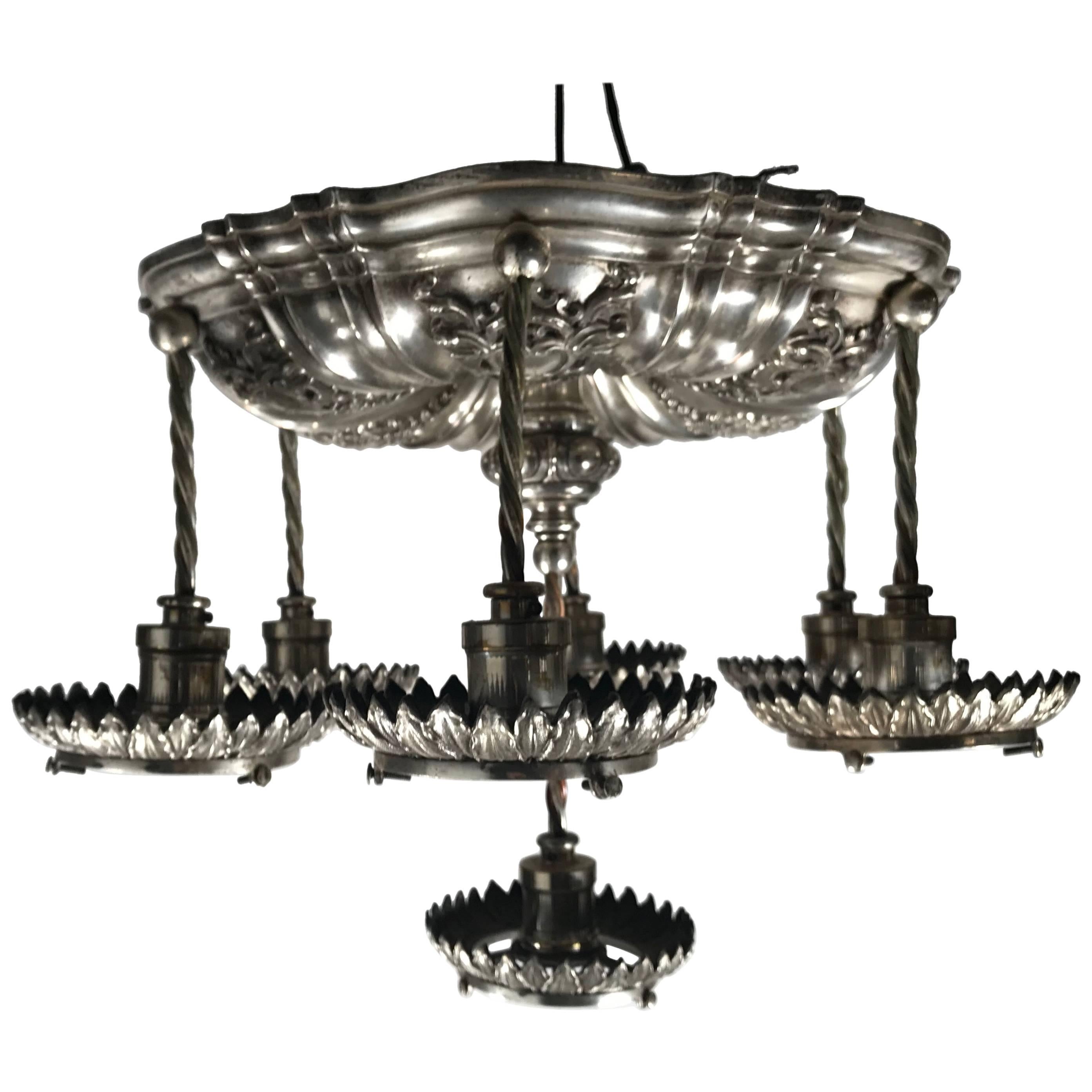 Silver Plated Neoclassic Style Caldwell Pendant Chandelier, circa 1920s For Sale