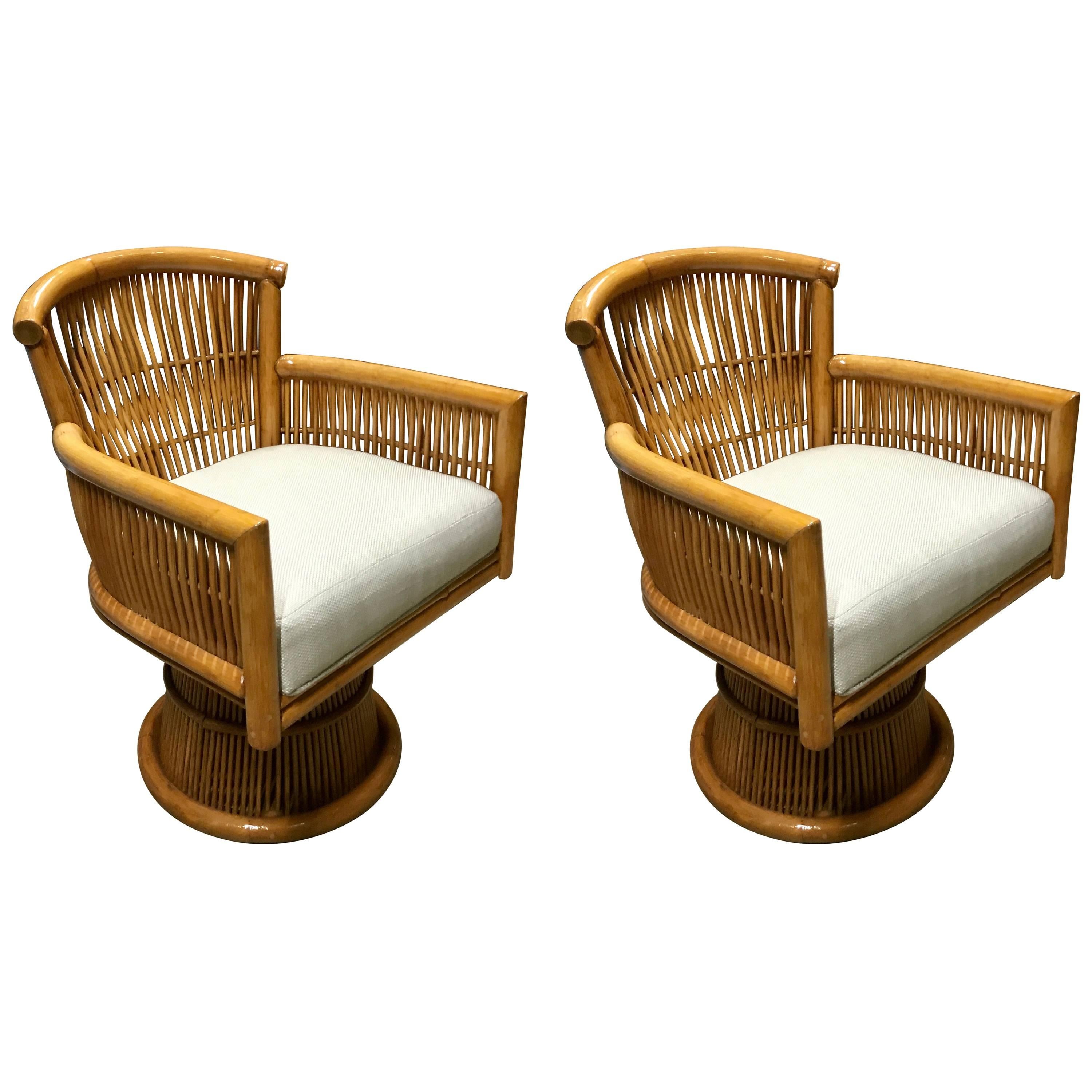 Pair of Albini Style Rattan and Bamboo Swivel Chairs