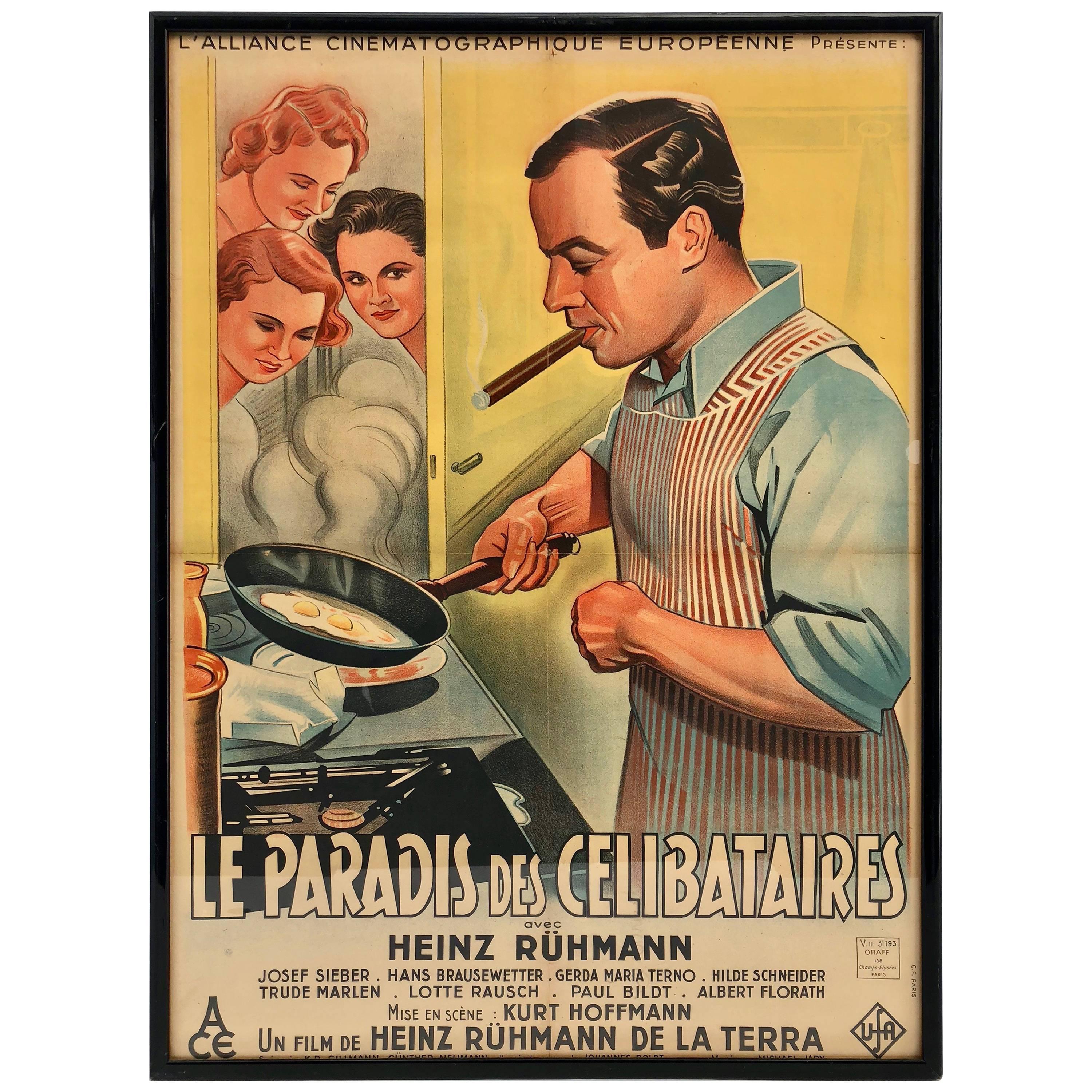 Framed French Movie Poster, 1940 German Comedy 'Le Paradis Des Célibataires' For Sale