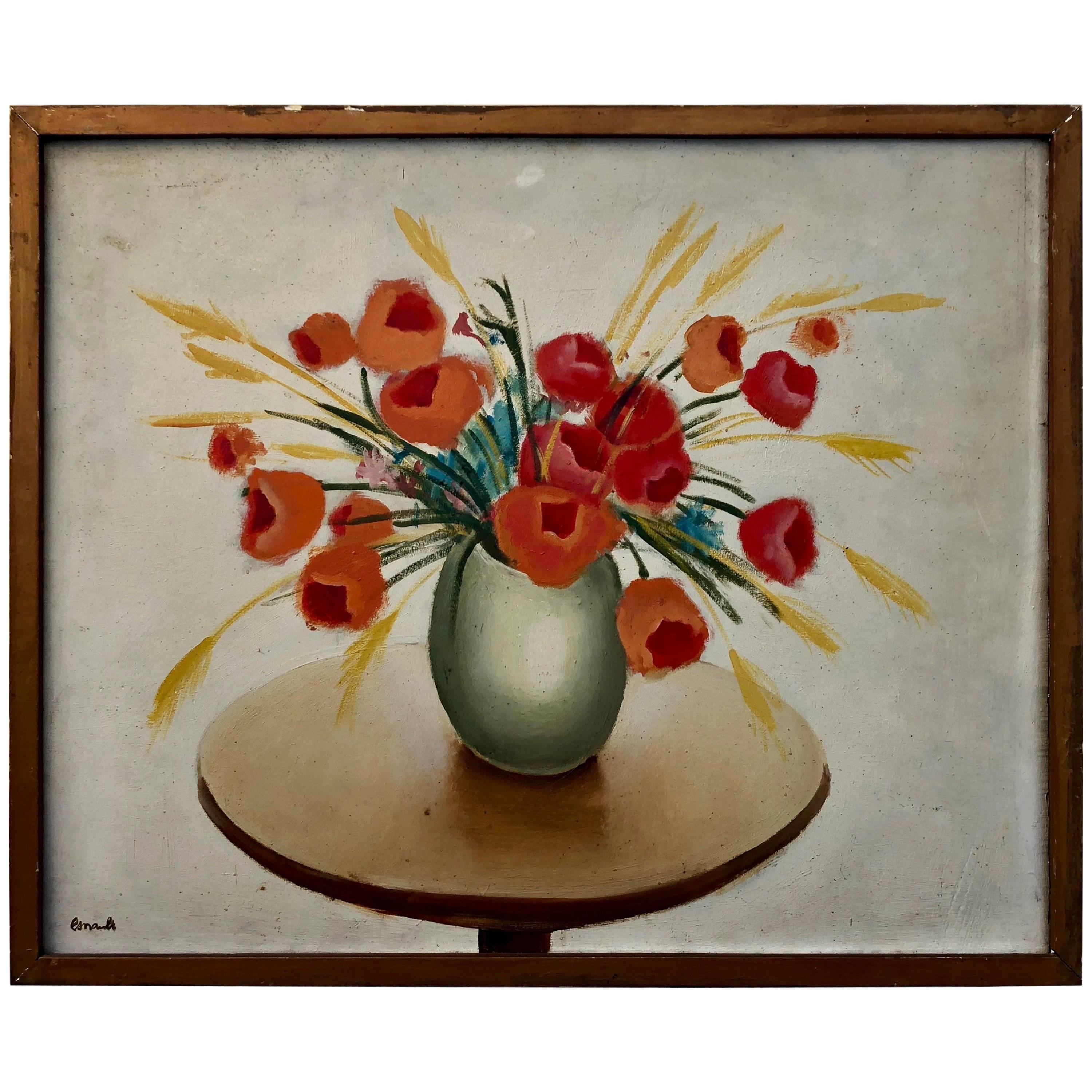 Oil Painting on Wood with Red Flowers in a Vase on a Table by Maurice Esnault