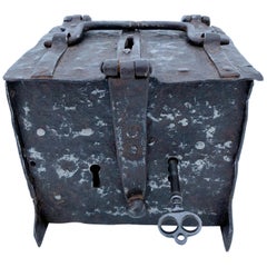 Antique French Handwrought Locking Offering Box with 2 Keyholes and 1 Key, 16th Century