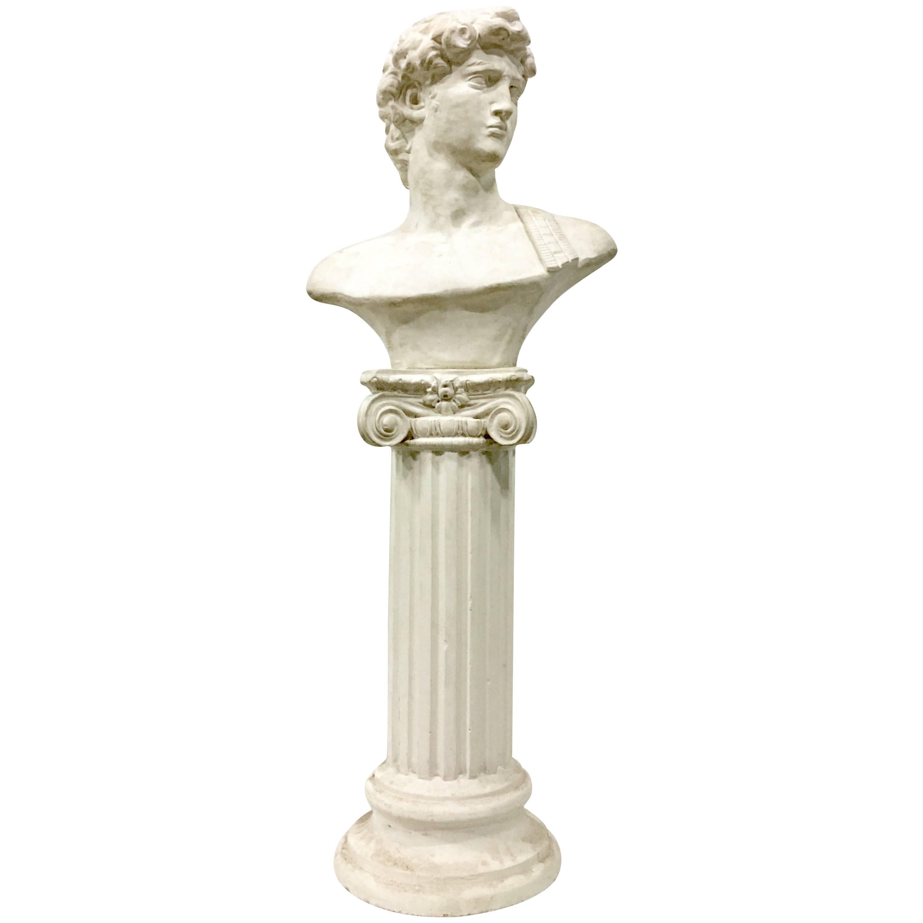 20th Century Cast Stone Carved Roman Bust Statue & Pedestal