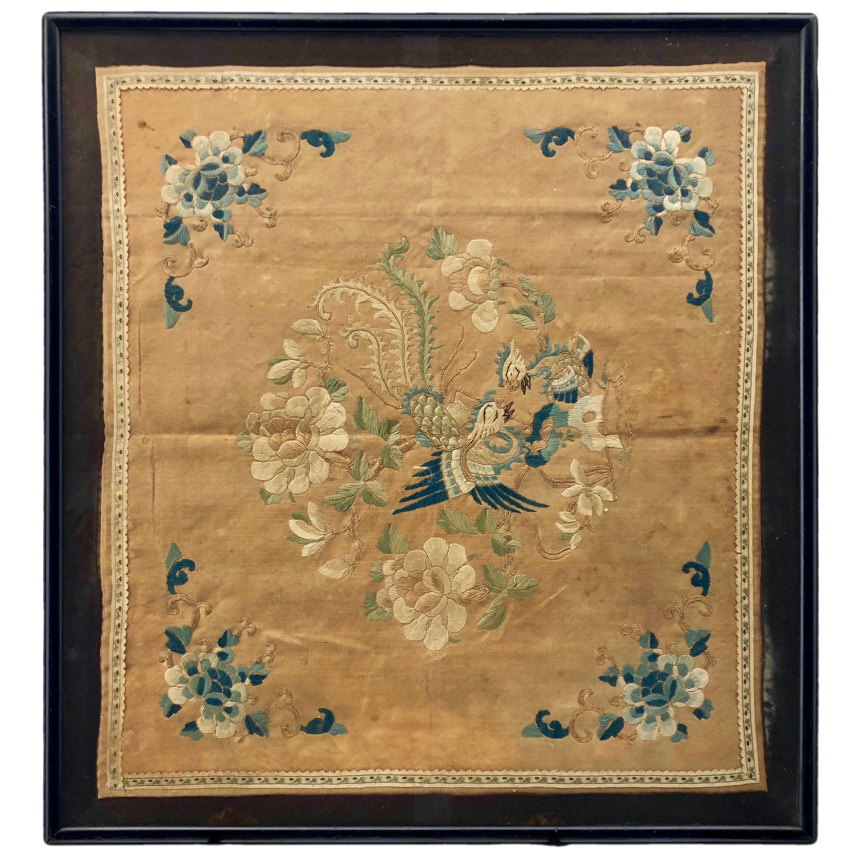 Framed Chinese Silk Embroidery of Two Birds in Blue, Green, Cream, Peach For Sale