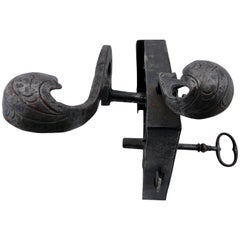 Antique French Hand-Wrought Iron Deadbolt and Latch Lock with Forged Key, Louis XVI