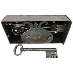 French Hand-Wrought Iron Box Shaped Lock with Forged Key, Louis XVI