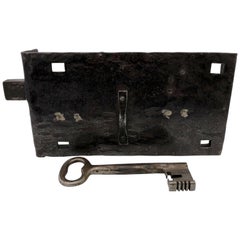 Mid-1700s French Hand-Wrought Iron Very Large Lock with Forged Key, Louis XV