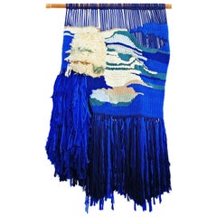 Retro Large 1960s Indigo Wall Hanging Fiber Art