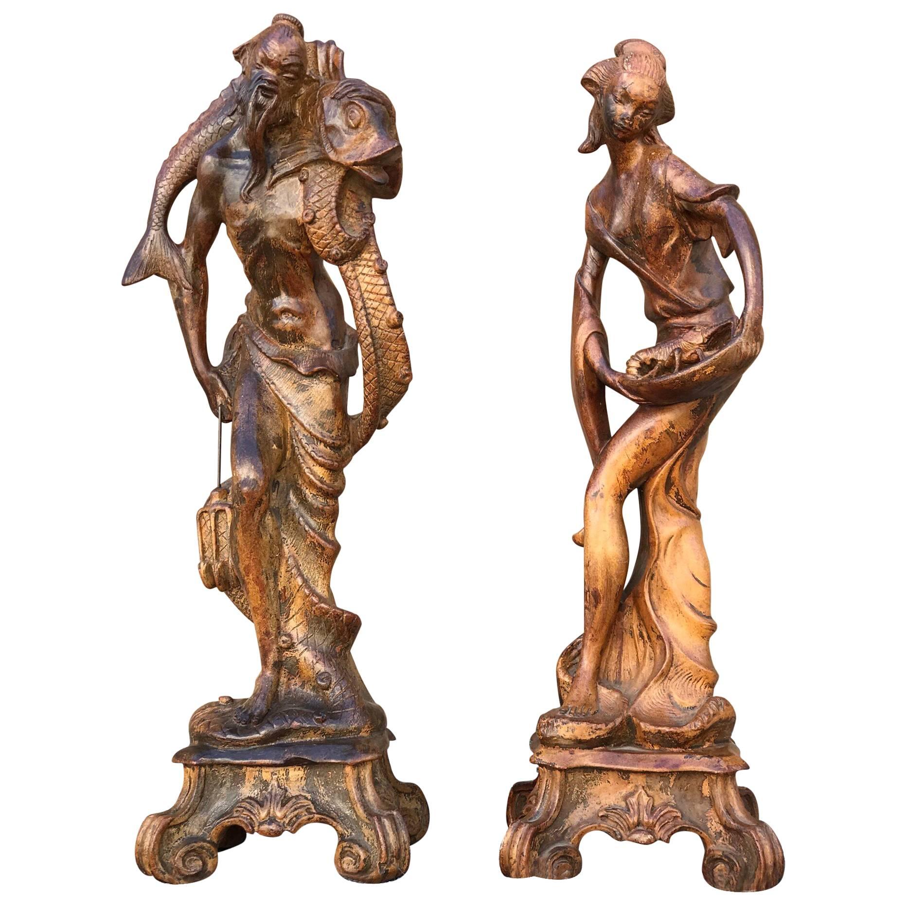 Vintage Chinoiserie Male and Female Statuary from Palm Springs Celebrity Estate