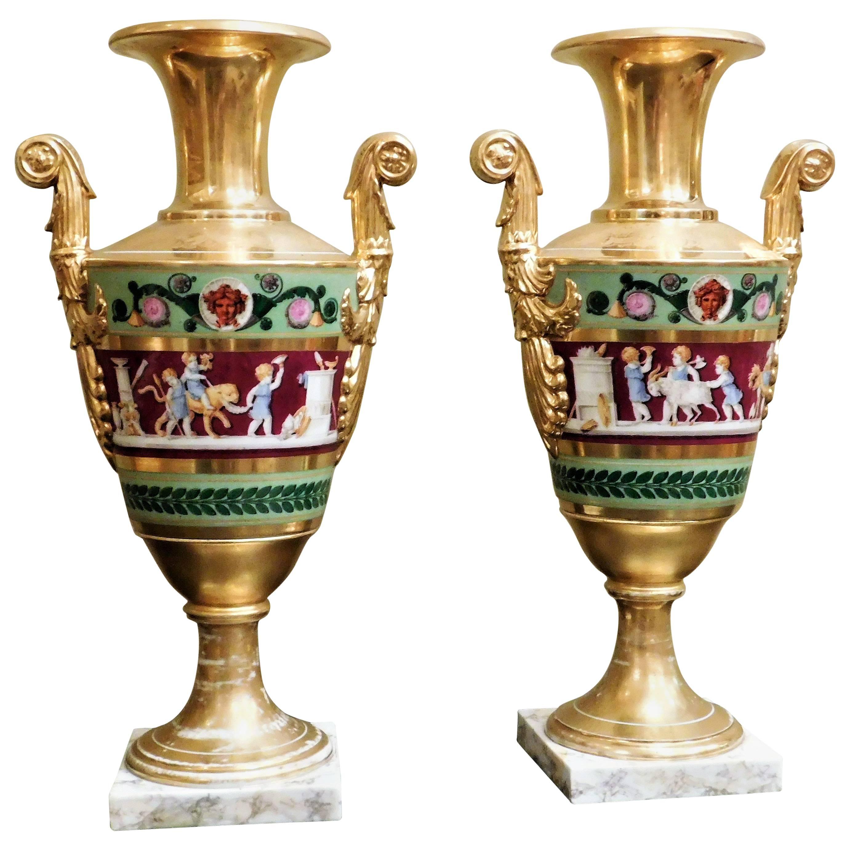 Large Pair of Old Paris Empire Porcelain Vases, Paris, circa 1810 For Sale