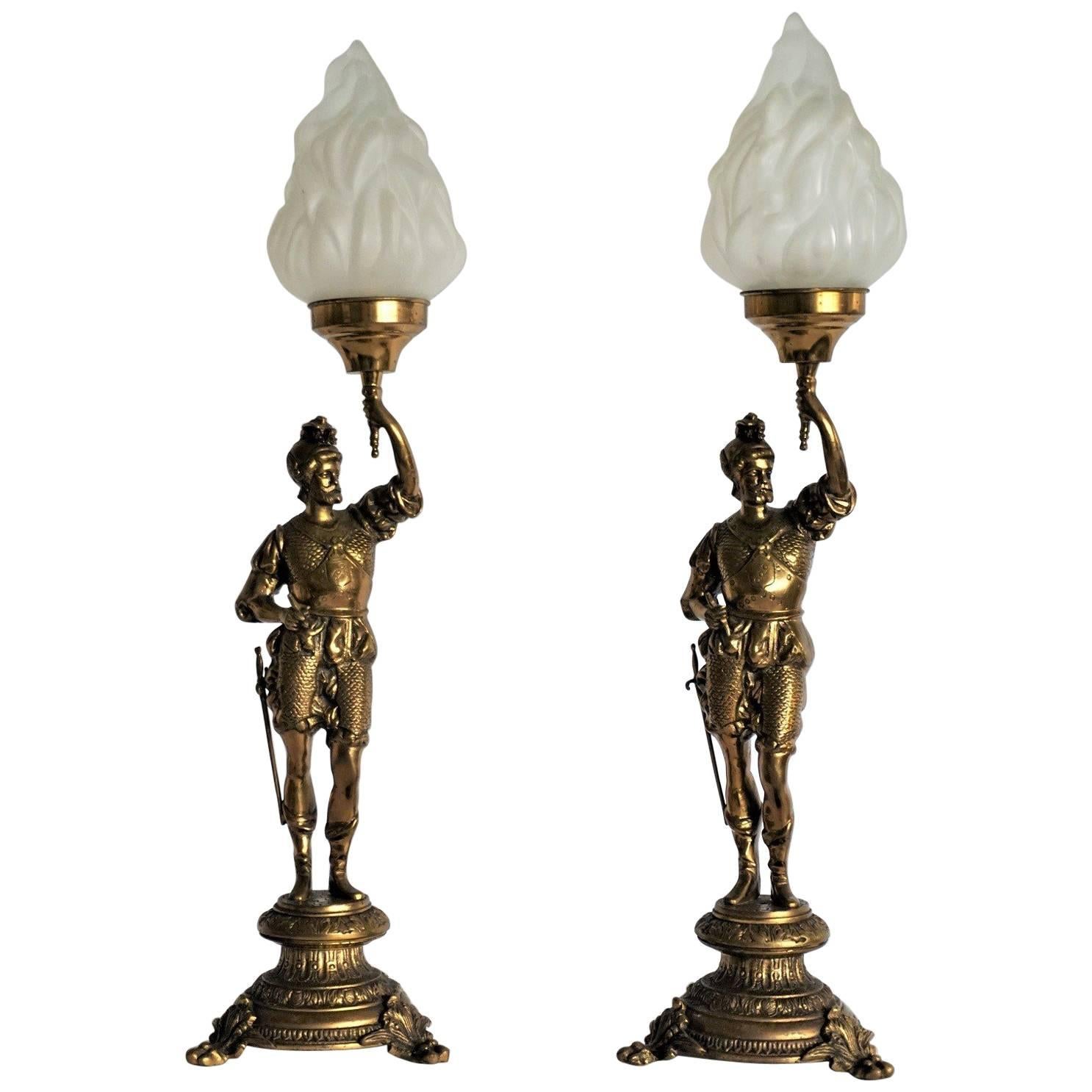 Pair of Late 19th Century Bronze Soldiers Electrified Candelabras, Table Lamps