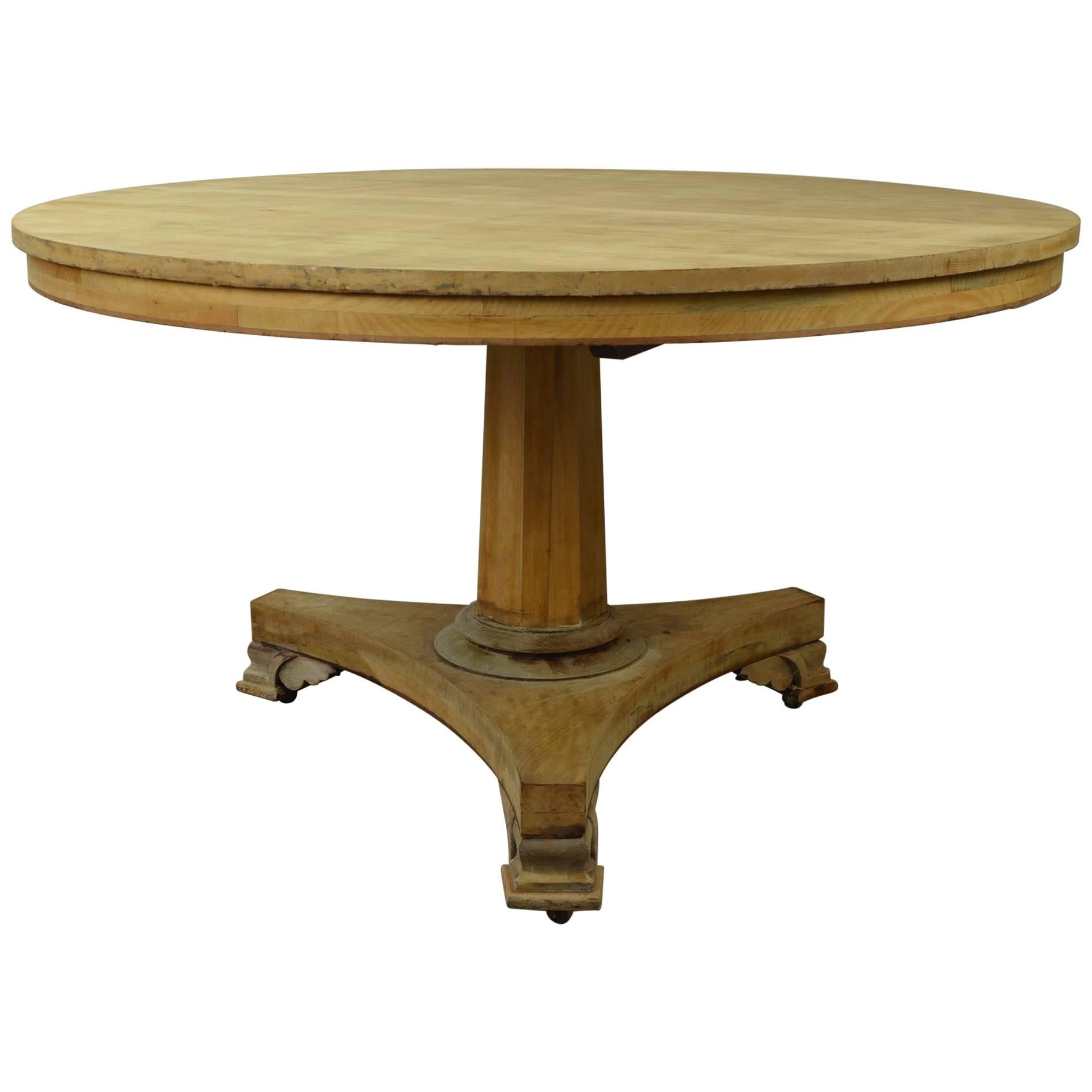 Large Round Antique Pine Dining Table, English Regency